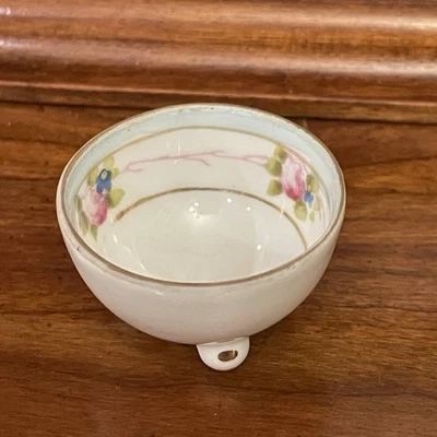 Antique Nippon Tiny Bowl Hand Painted Pink Flowers Gold And Turquoise 1 5/8 Diam - Image 1 of 4