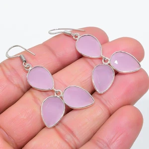 Pink Chalcedony Gemstone Handmade 925 Sterling Silver Jewelry Earring 1.97" Q427 - Picture 1 of 2