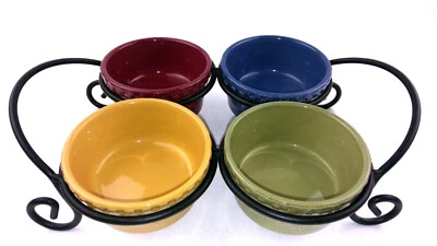 4 Set Signature Housewares Stoneware Condiment Dishes W/Wire Carry Caddy Rack  - Image 1 of 4