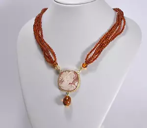 COLLANA ARGENTO DORATA AMBRA 3 mm E CAMMEO CORNEOLA AGLN 0258 - Foto 1 di 4