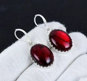 Red Flashy Labradorite Gemstone Handmade 925 Solid Silver Earrings For Gifts - Picture 1 of 4