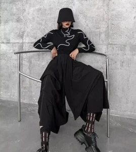 Ladies Black Urban Unique Loose Wide Leg Edgy Designer Floaty Trousers 8 10 - Picture 1 of 22