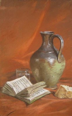 Emmanuel ROUSSEAU dessin pastel tableau nature morte pichet livre pain verre art - Photo 1/2