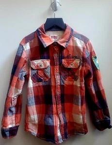 LEVI'S Plaid Shacket Lined Boy's SZ 7LG Orange/Blue/Ivory 6-7 YRS Embroid Patch - Picture 1 of 15
