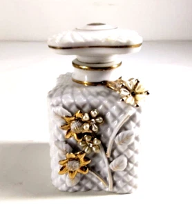Vtg Vanity Dresser Perfume Bottle Gold Flowers Large Stopper Embellished Gold - Picture 1 of 11