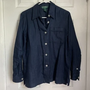 Camisa abotonada de lino Lauren Ralph Lauren para mujer PS Petite manga S bolsillo azul - Imagen 1 de 6