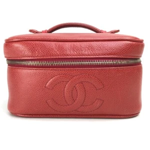 CHANEL CC Mark Horizontal Cosmetics Pouch Hand Bag Vanity bag Leather Red/Gold - Foto 1 di 13