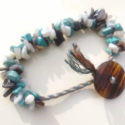 Handmade Faux Turquoise & Shell Chip Bracelet, 7"-8" Beachy Boho Button Toggle - Image 1 of 4