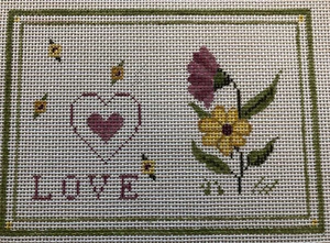 Vintage Panjo Handpainted Pink Mauve Floral Love Heart Needlepoint Canvas Yellow - Picture 1 of 6