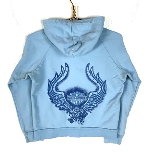 Vintage Y2k Harley Davidson Women's Sweatshirt Hoodie Large Blue Full Zip - Picture 1 of 8