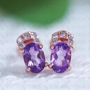 2.80Ct Oval Shape Natural Amethyst & Diamond Stud Earring 14K Solid Rose Gold - Picture 1 of 11