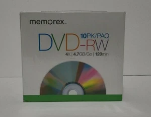 Memorex Rewritable DVD-RW 10 Pack Slim Case Up to 2x, 4.7GB, 120 Min Video NEW - Picture 1 of 3
