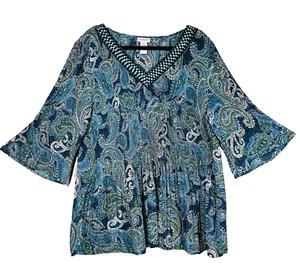Túnica Boho Plisada Catherines Paisley Talla 2X Embellecida Arte para Usar Azul Aqua - Imagen 1 de 14