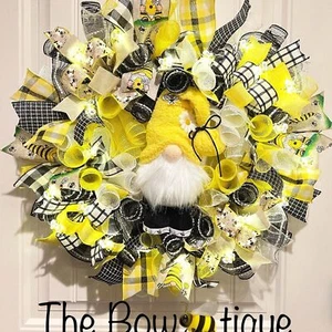Summer Honey Bee Ribbon Wreath Gnome Handmade LED Lighted 23 inches Diam. #W8 - Picture 1 of 12