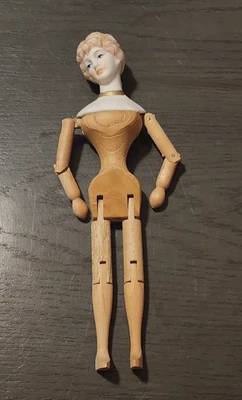 Muñeca Shackman Vintage Madera Cuerpo Articulado Cabeza Bisque Japón Foto 1 de 4
