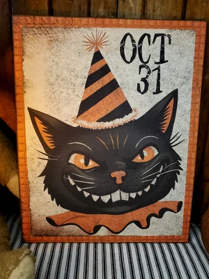 RETRO STEAMPUNK GOTHIC VINTAGE STYLE HALLOWEEN GRINNING BLACK CAT OCT 31 SIGN - Image 1 of 4