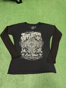 Affliction Women's Long Sleeve Shirt Large Black Sheer Sleeve Rhinestone VTG Y2K - Picture 1 of 10