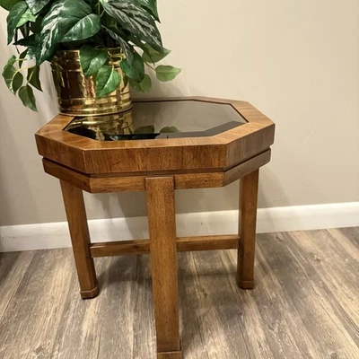 Vintage Wood Drexel Heritage Octagon Accent End Side Table Plant Stand Glass Top - Image 1 of 4