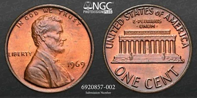 1969 P US Lincoln Memorial Penny 1 Cent Copper Coin NGC MS65 RB - Image 1 of 4