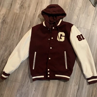 Guess Georges Marciano Varsity  Letterman Jacket Sz M~Maroon & White~ZipOut Hood - Image 1 of 4