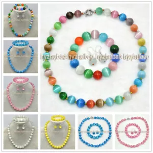 8/10/12/14 mm Rund Mexikanischer Opal Katzenauge Perlen Halskette + Armband + Ohrringe Set - Bild 1 von 22