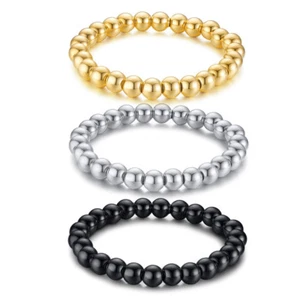Bracciale Bracciale Uomo Donna Acciaio Inox 20,8cm Argento/Oro/Nero Perline 8mm - Foto 1 di 15