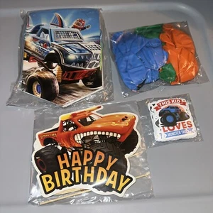 Monster Trucks Happy Birthday Banner Balloons Stickers Cake Cupcake Toppers - Picture 1 of 2