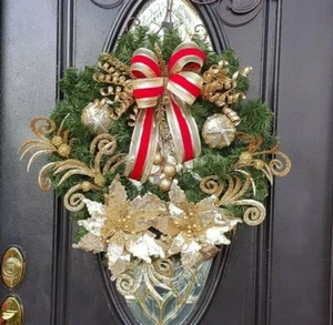 Gold Elegance Victorian Poinsettia Christmas Wreath - Picture 1 of 7