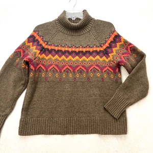 LOU & GREY LOFT Fair Isle Turtleneck Sweater Womens XS Brown Wool Blend - Picture 1 of 10