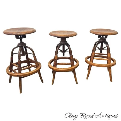 antique golden oak adjustable kitchen drafting stools swivel industrail set of 3 - Image 1 of 4
