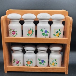 Vintage Fruit Ceramic Spice Jars Wood Hanging Rack Apothecary Set 8 - Picture 1 of 10