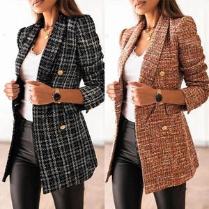 Fashionable Women's Plaid Blazer Suit Lapel Jacket Formal Slim Fit Outwear - Picture 1 of 37