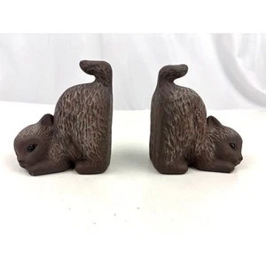 VTG Pair Hand Painted Ceramic Cat Bookends Kitten Brown - Picture 1 of 10