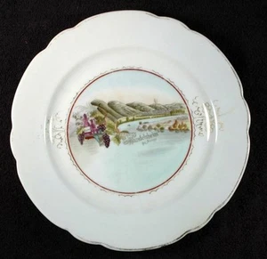 GRUSS AUS MUNDELSHEIM & NECKAR RIVER GERMANY SOUVENIR CHINA PLATE CA 1910 - Picture 1 of 2