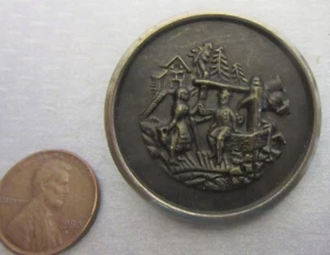 Antique Metal Picture Button Romantic Courting Couple Lovers at Well big 1-3/8" - Picture 1 of 3