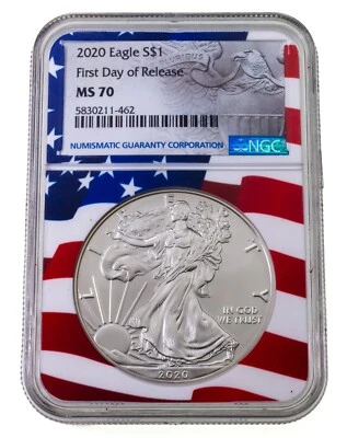 2020 Plateado American Eagle Graduado Por NGC Como MS70 Fdoi Bandera Etiqueta - Imagen 1 de 4