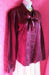 NY & CO Wine Silk Button Up Blouse + Tie @ Neck Geometric Print Career Top Sz M - Picture 1 of 4