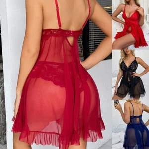 Damen Sexy Dessous Nachtwäsche Nachtwäsche Unterwäsche Babydoll Spitzenkleid Set - Bild 1 von 14
