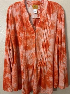 Ruby Rd.  Damen XL Bluse Tye Dye Orange 100% Viskose Roll-Tab Ärmel Falten vorne - Bild 1 von 14