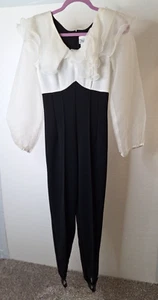 Vintage White Organza Ruffle Size 7/8 Black Bodycon Jumpsuit Stirrup Pant - Picture 1 of 8