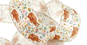 Highland cow Wired Ribbon 2" highland cow ribbon for wreaths 4 Yards - Picture 1 of 1