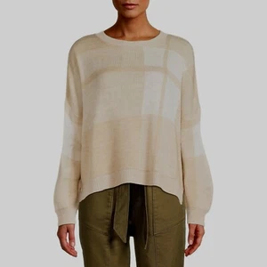 Time and Tru Women's Plaid Relaxed Fit Crewneck Sweater, Cream, Small 4-6 - Picture 1 of 5