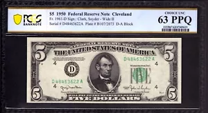 1950 $5 FEDERAL RESERVE NOTE CLEVELAND WIDE II FR.1961-D PCGS B CU 63 PPQ - Picture 1 of 2