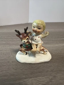 Rare Napco Vintage Miniature Child Reindeer Wreath Christmas Joy Figurine - Picture 1 of 13