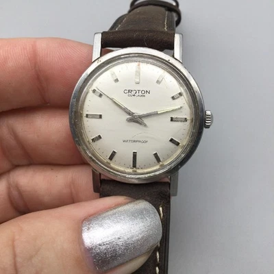 Reloj de cuero vintage Swiss Croton Cum Laude para hombre 32 mm cuerda manual correa marrón Foto 1 de 4