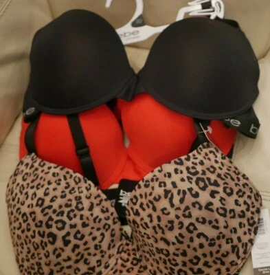 NEW WT BEBE GENTLE LIFT BRAS LEOPARD PRINT BLACK RED 36D UNDERWIRE BRA SET OF 3  - Image 1 of 4