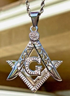 Free Mason G FREEMASONRY Pendant Men's Women 14k White Gold Finish Rope Chain - Image 1 of 4