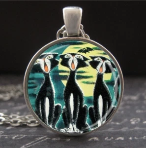 Katze Halskette Jeulen unter Vollmond Vintage Ephemera Kunst Neu Halloween Schmuck  - Bild 1 von 3