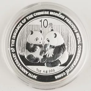 China 2009 1 Oz 999 Silver Panda 10 Yuan Coin 30th Anniversary GEM BU in Capsule - Picture 1 of 2