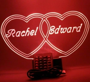 Double Heart Couples Night Light Up Table Lamp LED Personalized Free With Remote - Picture 1 of 12